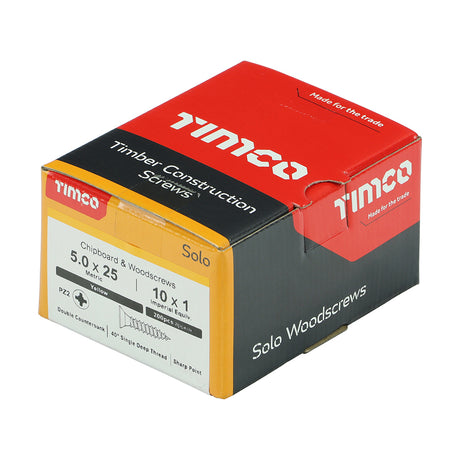 This is an image showing TIMCO Solo Chipboard & Woodscrews - PZ - Double Countersunk - Yellow - 5.0 x 25 - 200 Pieces Box available from T.H Wiggans Ironmongery in Kendal, quick delivery at discounted prices.