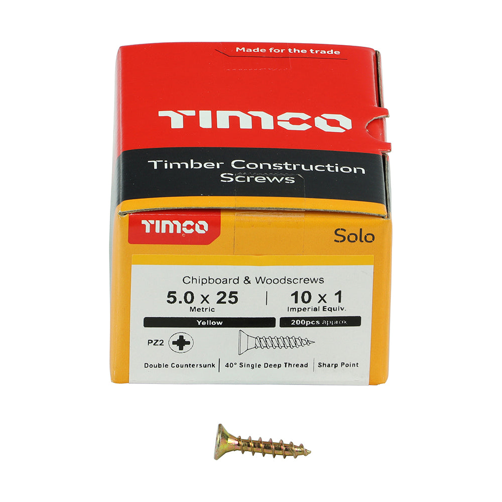 This is an image showing TIMCO Solo Chipboard & Woodscrews - PZ - Double Countersunk - Yellow - 5.0 x 25 - 200 Pieces Box available from T.H Wiggans Ironmongery in Kendal, quick delivery at discounted prices.