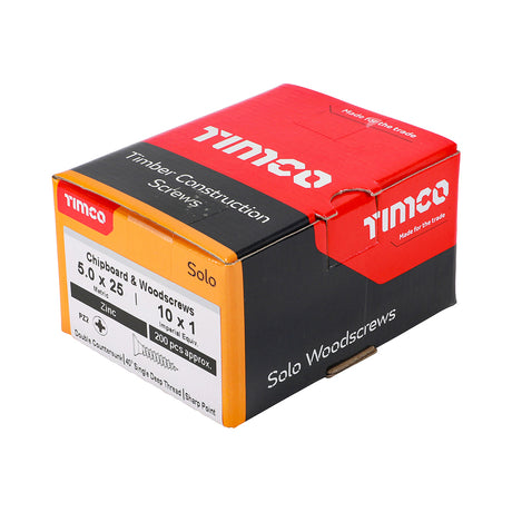 This is an image showing TIMCO Solo Chipboard & Woodscrews - PZ - Double Countersunk - Zinc - 5.0 x 25 - 200 Pieces Box available from T.H Wiggans Ironmongery in Kendal, quick delivery at discounted prices.