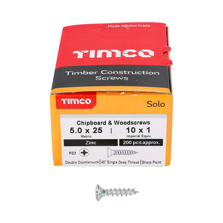 This is an image showing TIMCO Solo Chipboard & Woodscrews - PZ - Double Countersunk - Zinc - 5.0 x 25 - 200 Pieces Box available from T.H Wiggans Ironmongery in Kendal, quick delivery at discounted prices.