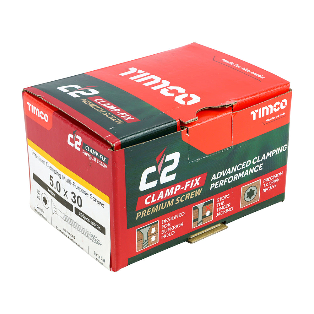 This is an image showing TIMCO C2 Clamp-Fix - TX - Double Countersunk with Ribs - Twin-Cut - Yellow - 5.0 x 30 - 200 Pieces Box available from T.H Wiggans Ironmongery in Kendal, quick delivery at discounted prices.