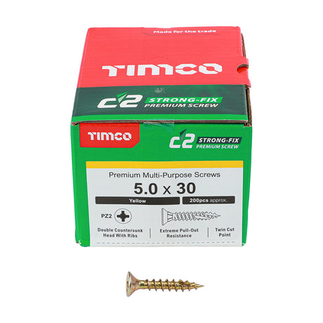 This is an image showing TIMCO C2 Strong-Fix - PZ - Double Countersunk - Twin-Cut - Yellow - 5.0 x 30 - 200 Pieces Box available from T.H Wiggans Ironmongery in Kendal, quick delivery at discounted prices.