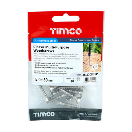 This is an image showing TIMCO Classic Multi-Purpose Screws - PZ - Double Countersunk - Stainless Steel - 5.0 x 30 - 10 Pieces TIMpac available from T.H Wiggans Ironmongery in Kendal, quick delivery at discounted prices.