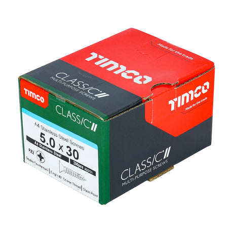 This is an image showing TIMCO Classic Multi-Purpose Screws - PZ - Double Countersunk - A4 Stainless Steel
 - 5.0 x 30 - 200 Pieces Box available from T.H Wiggans Ironmongery in Kendal, quick delivery at discounted prices.