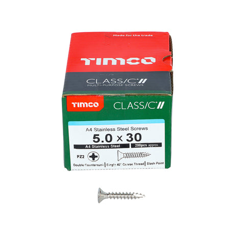 This is an image showing TIMCO Classic Multi-Purpose Screws - PZ - Double Countersunk - A4 Stainless Steel
 - 5.0 x 30 - 200 Pieces Box available from T.H Wiggans Ironmongery in Kendal, quick delivery at discounted prices.