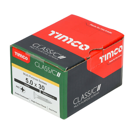 This is an image showing TIMCO Classic Multi-Purpose Screws - PZ - Double Countersunk - Yellow - 5.0 x 30 - 200 Pieces Box available from T.H Wiggans Ironmongery in Kendal, quick delivery at discounted prices.