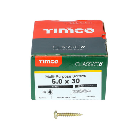 This is an image showing TIMCO Classic Multi-Purpose Screws - PZ - Pan Head - Yellow - 5.0 x 30 - 200 Pieces Box available from T.H Wiggans Ironmongery in Kendal, quick delivery at discounted prices.