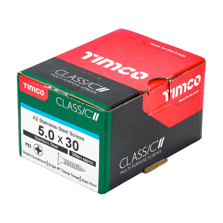 This is an image showing TIMCO Classic Multi-Purpose Screws - PZ - Double Countersunk - A2 Stainless Steel
 - 5.0 x 30 - 200 Pieces Box available from T.H Wiggans Ironmongery in Kendal, quick delivery at discounted prices.