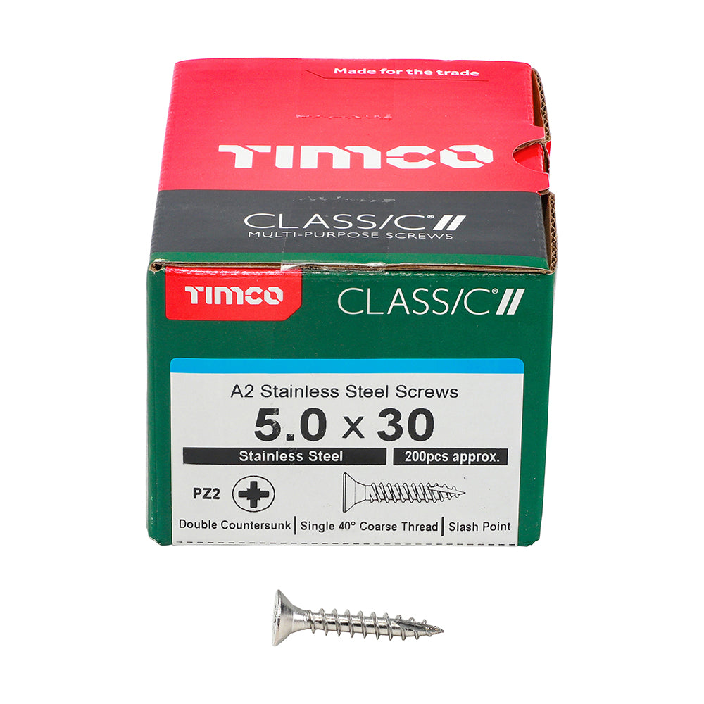 This is an image showing TIMCO Classic Multi-Purpose Screws - PZ - Double Countersunk - A2 Stainless Steel
 - 5.0 x 30 - 200 Pieces Box available from T.H Wiggans Ironmongery in Kendal, quick delivery at discounted prices.