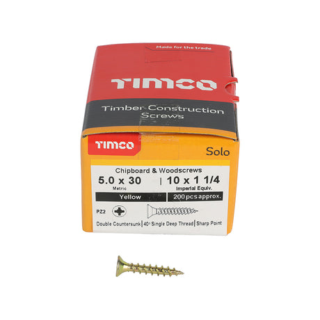 This is an image showing TIMCO Solo Chipboard & Woodscrews - PZ - Double Countersunk - Yellow - 5.0 x 30 - 200 Pieces Box available from T.H Wiggans Ironmongery in Kendal, quick delivery at discounted prices.