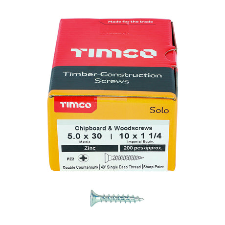 This is an image showing TIMCO Solo Chipboard & Woodscrews - PZ - Double Countersunk - Zinc - 5.0 x 30 - 200 Pieces Box available from T.H Wiggans Ironmongery in Kendal, quick delivery at discounted prices.