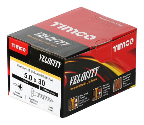 This is an image showing TIMCO Velocity Premium Multi-Use Screws - PZ - Double Countersunk - Yellow
 - 5.0 x 30 - 200 Pieces Box available from T.H Wiggans Ironmongery in Kendal, quick delivery at discounted prices.