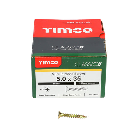 This is an image showing TIMCO Classic Multi-Purpose Screws - PZ - Double Countersunk - Yellow - 5.0 x 35 - 200 Pieces Box available from T.H Wiggans Ironmongery in Kendal, quick delivery at discounted prices.