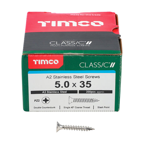 This is an image showing TIMCO Classic Multi-Purpose Screws - PZ - Double Countersunk - A2 Stainless Steel
 - 5.0 x 35 - 200 Pieces Box available from T.H Wiggans Ironmongery in Kendal, quick delivery at discounted prices.