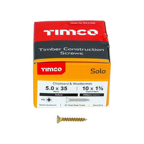 This is an image showing TIMCO Solo Chipboard & Woodscrews - PZ - Double Countersunk - Yellow - 5.0 x 35 - 200 Pieces Box available from T.H Wiggans Ironmongery in Kendal, quick delivery at discounted prices.