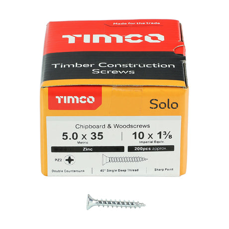 This is an image showing TIMCO Solo Chipboard & Woodscrews - PZ - Double Countersunk - Zinc - 5.0 x 35 - 200 Pieces Box available from T.H Wiggans Ironmongery in Kendal, quick delivery at discounted prices.