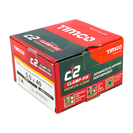 This is an image showing TIMCO C2 Clamp-Fix - TX - Double Countersunk with Ribs - Twin-Cut - Yellow - 5.0 x 40 - 200 Pieces Box available from T.H Wiggans Ironmongery in Kendal, quick delivery at discounted prices.