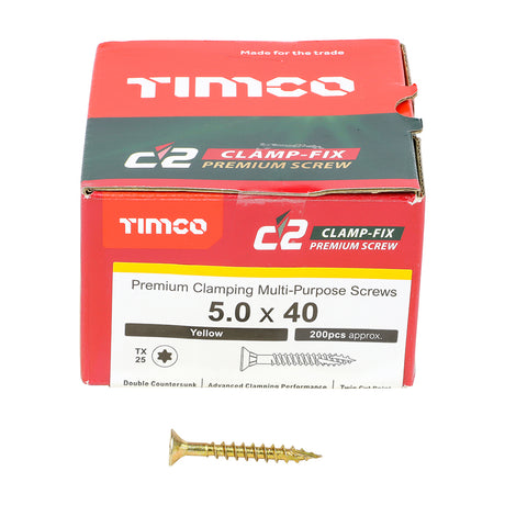 This is an image showing TIMCO C2 Clamp-Fix - TX - Double Countersunk with Ribs - Twin-Cut - Yellow - 5.0 x 40 - 200 Pieces Box available from T.H Wiggans Ironmongery in Kendal, quick delivery at discounted prices.