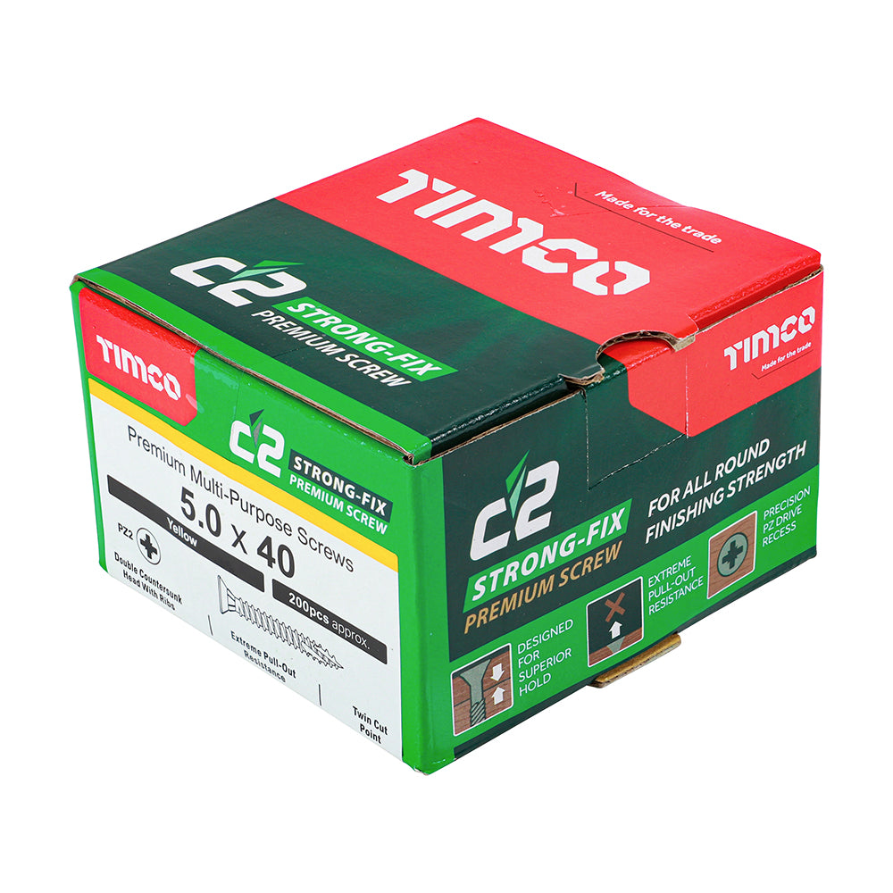 This is an image showing TIMCO C2 Strong-Fix - PZ - Double Countersunk - Twin-Cut - Yellow - 5.0 x 40 - 200 Pieces Box available from T.H Wiggans Ironmongery in Kendal, quick delivery at discounted prices.