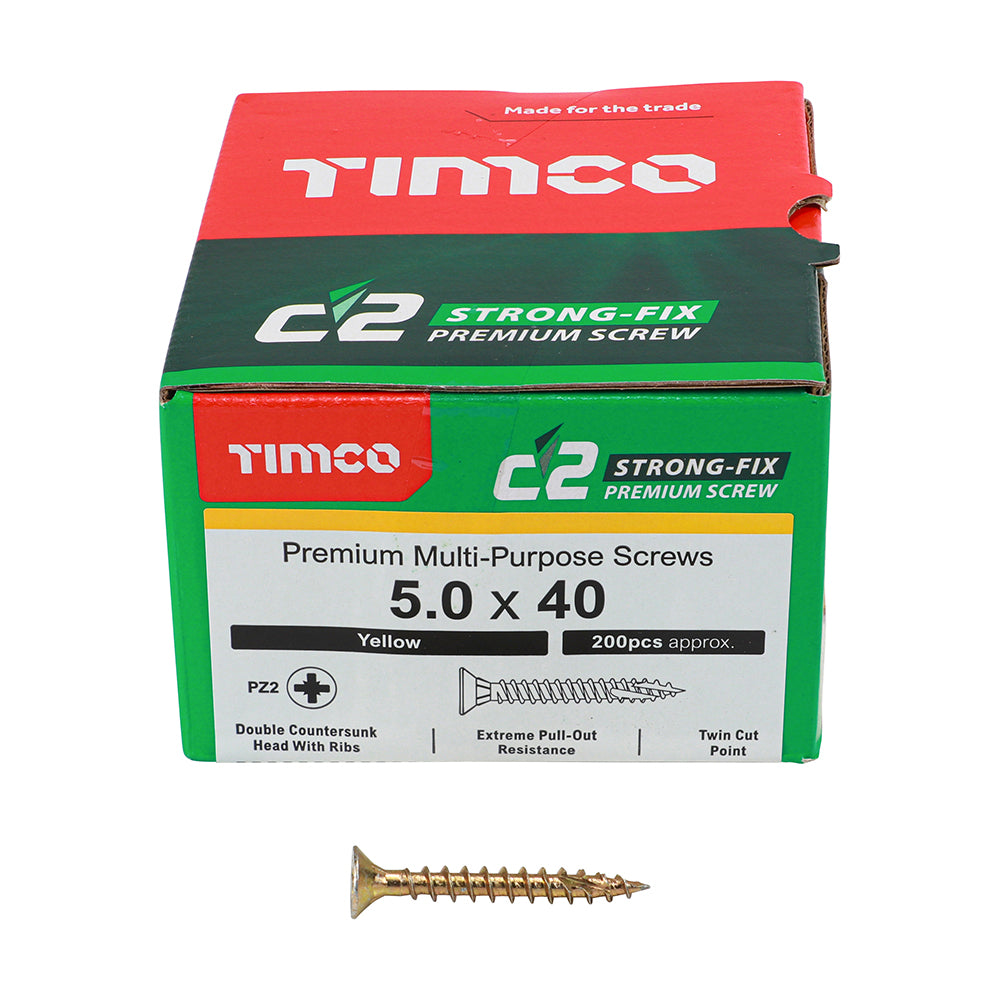 This is an image showing TIMCO C2 Strong-Fix - PZ - Double Countersunk - Twin-Cut - Yellow - 5.0 x 40 - 200 Pieces Box available from T.H Wiggans Ironmongery in Kendal, quick delivery at discounted prices.