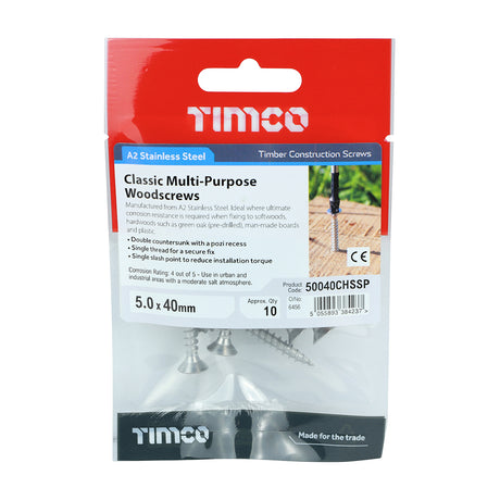 This is an image showing TIMCO Classic Multi-Purpose Screws - PZ - Double Countersunk - Stainless Steel - 5.0 x 40 - 10 Pieces TIMpac available from T.H Wiggans Ironmongery in Kendal, quick delivery at discounted prices.