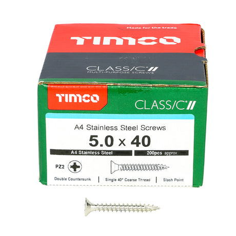 This is an image showing TIMCO Classic Multi-Purpose Screws - PZ - Double Countersunk - A4 Stainless Steel
 - 5.0 x 40 - 200 Pieces Box available from T.H Wiggans Ironmongery in Kendal, quick delivery at discounted prices.