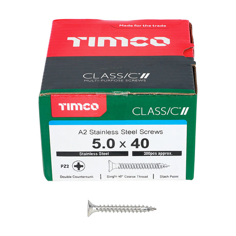 This is an image showing TIMCO Classic Multi-Purpose Screws - PZ - Double Countersunk - A2 Stainless Steel
 - 5.0 x 40 - 200 Pieces Box available from T.H Wiggans Ironmongery in Kendal, quick delivery at discounted prices.