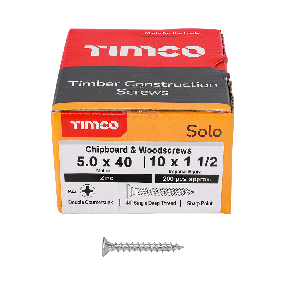 This is an image showing TIMCO Solo Chipboard & Woodscrews - PZ - Double Countersunk - Zinc - 5.0 x 40 - 200 Pieces Box available from T.H Wiggans Ironmongery in Kendal, quick delivery at discounted prices.