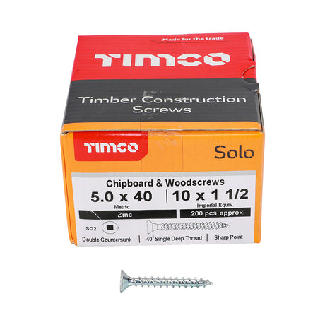 This is an image showing TIMCO Solo Chipboard & Woodscrews - SQ - Double Countersunk - Zinc - 5.0 x 40 - 200 Pieces Box available from T.H Wiggans Ironmongery in Kendal, quick delivery at discounted prices.