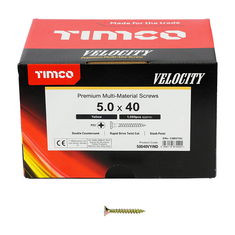 This is an image showing TIMCO Velocity Premium Multi-Use Screws - PZ - Double Countersunk - Yellow - 5.0 x 40 - 1000 Pieces Box available from T.H Wiggans Ironmongery in Kendal, quick delivery at discounted prices.