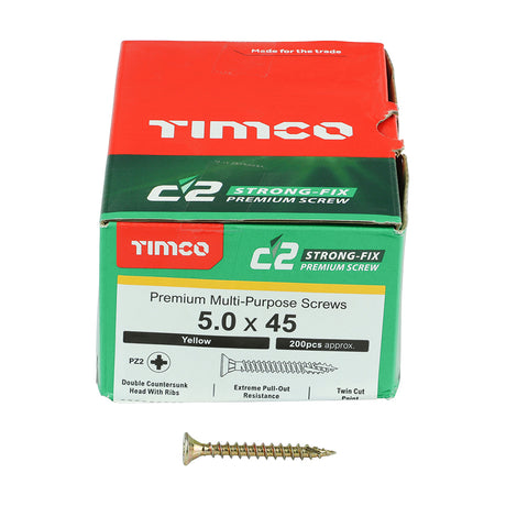 This is an image showing TIMCO C2 Strong-Fix - PZ - Double Countersunk - Twin-Cut - Yellow - 5.0 x 45 - 200 Pieces Box available from T.H Wiggans Ironmongery in Kendal, quick delivery at discounted prices.