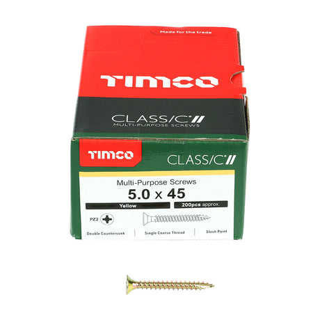 This is an image showing TIMCO Classic Multi-Purpose Screws - PZ - Double Countersunk - Yellow - 5.0 x 45 - 200 Pieces Box available from T.H Wiggans Ironmongery in Kendal, quick delivery at discounted prices.