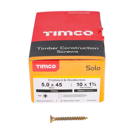 This is an image showing TIMCO Solo Chipboard & Woodscrews - PZ - Double Countersunk - Yellow - 5.0 x 45 - 200 Pieces Box available from T.H Wiggans Ironmongery in Kendal, quick delivery at discounted prices.