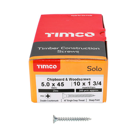 This is an image showing TIMCO Solo Chipboard & Woodscrews - PZ - Double Countersunk - Zinc - 5.0 x 45 - 200 Pieces Box available from T.H Wiggans Ironmongery in Kendal, quick delivery at discounted prices.