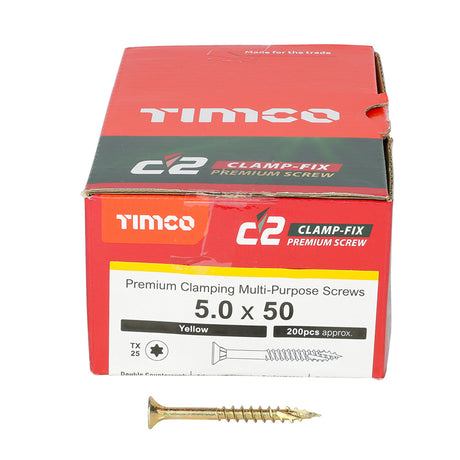 This is an image showing TIMCO C2 Clamp-Fix - TX - Double Countersunk with Ribs - Twin-Cut - Yellow - 5.0 x 50 - 200 Pieces Box available from T.H Wiggans Ironmongery in Kendal, quick delivery at discounted prices.