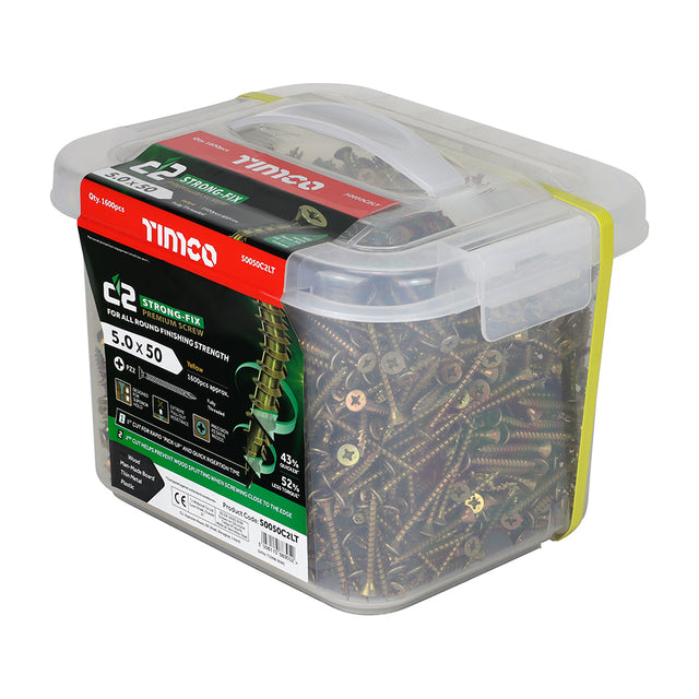 This is an image showing TIMCO C2 Strong-Fix - PZ - Double Countersunk - Twin-Cut - Yellow - 5.0 x 50 - 1600 Pieces Tub available from T.H Wiggans Ironmongery in Kendal, quick delivery at discounted prices.