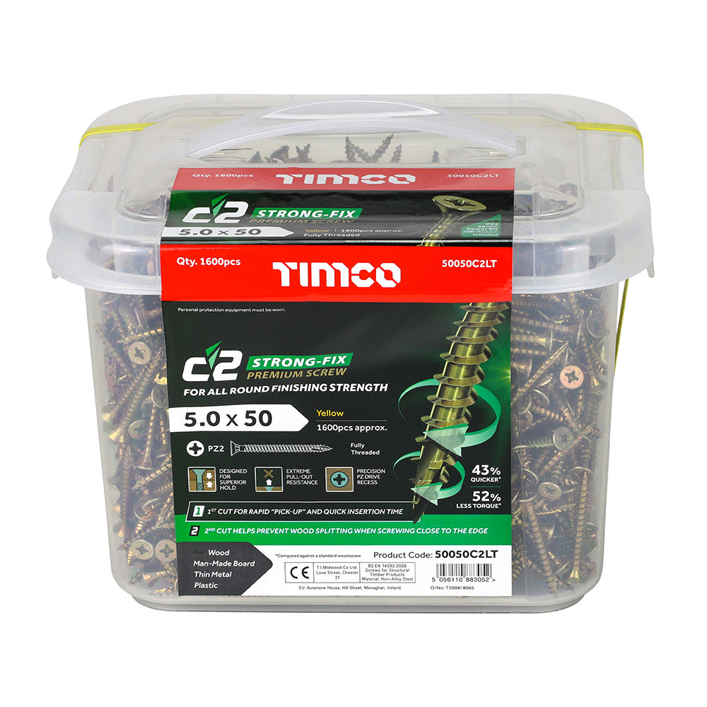 This is an image showing TIMCO C2 Strong-Fix - PZ - Double Countersunk - Twin-Cut - Yellow - 5.0 x 50 - 1600 Pieces Tub available from T.H Wiggans Ironmongery in Kendal, quick delivery at discounted prices.