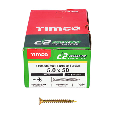 This is an image showing TIMCO C2 Strong-Fix - PZ - Double Countersunk - Twin-Cut - Yellow - 5.0 x 50 - 200 Pieces Box available from T.H Wiggans Ironmongery in Kendal, quick delivery at discounted prices.