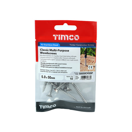 This is an image showing TIMCO Classic Multi-Purpose Screws - PZ - Double Countersunk - Stainless Steel - 5.0 x 50 - 10 Pieces TIMpac available from T.H Wiggans Ironmongery in Kendal, quick delivery at discounted prices.
