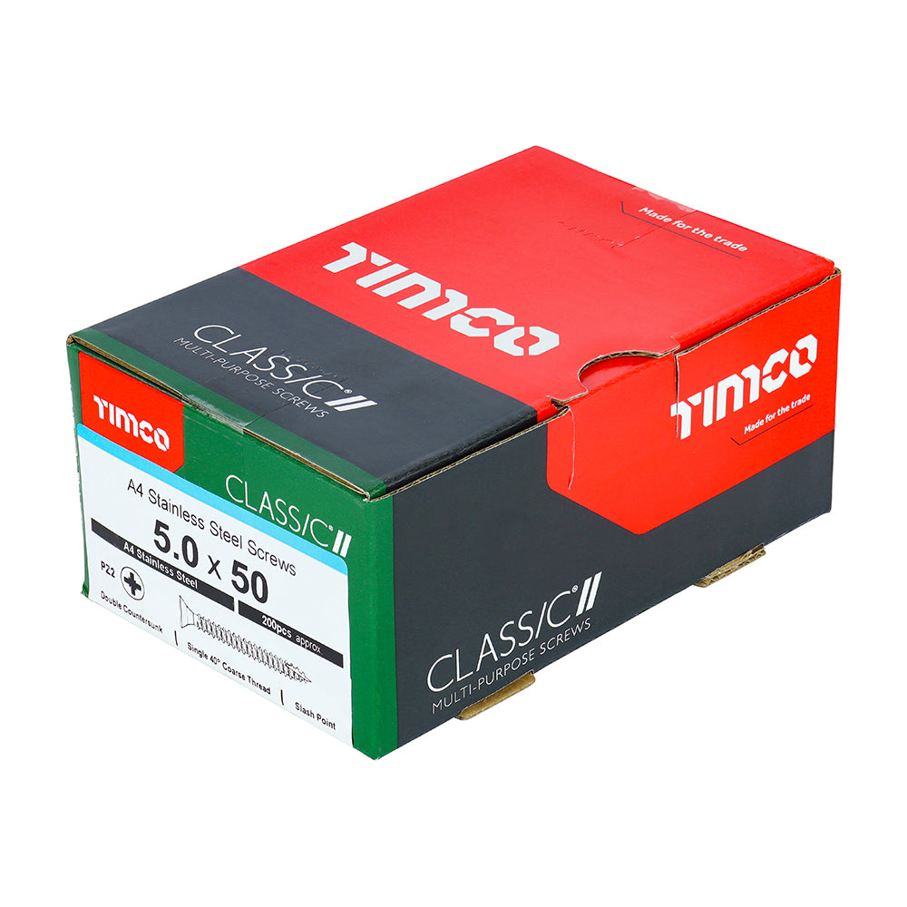 This is an image showing TIMCO Classic Multi-Purpose Screws - PZ - Double Countersunk - A4 Stainless Steel
 - 5.0 x 50 - 200 Pieces Box available from T.H Wiggans Ironmongery in Kendal, quick delivery at discounted prices.