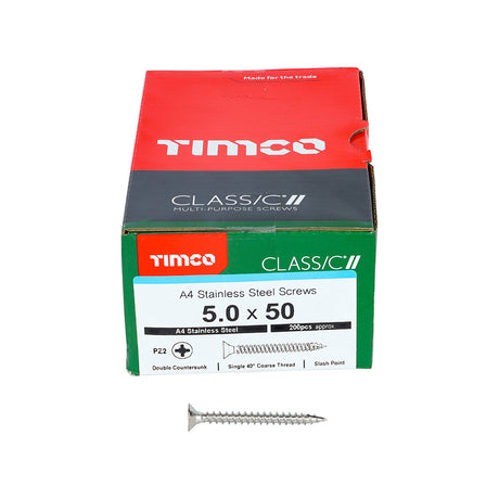 This is an image showing TIMCO Classic Multi-Purpose Screws - PZ - Double Countersunk - A4 Stainless Steel
 - 5.0 x 50 - 200 Pieces Box available from T.H Wiggans Ironmongery in Kendal, quick delivery at discounted prices.