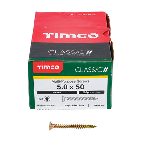 This is an image showing TIMCO Classic Multi-Purpose Screws - PZ - Double Countersunk - Yellow - 5.0 x 50 - 200 Pieces Box available from T.H Wiggans Ironmongery in Kendal, quick delivery at discounted prices.