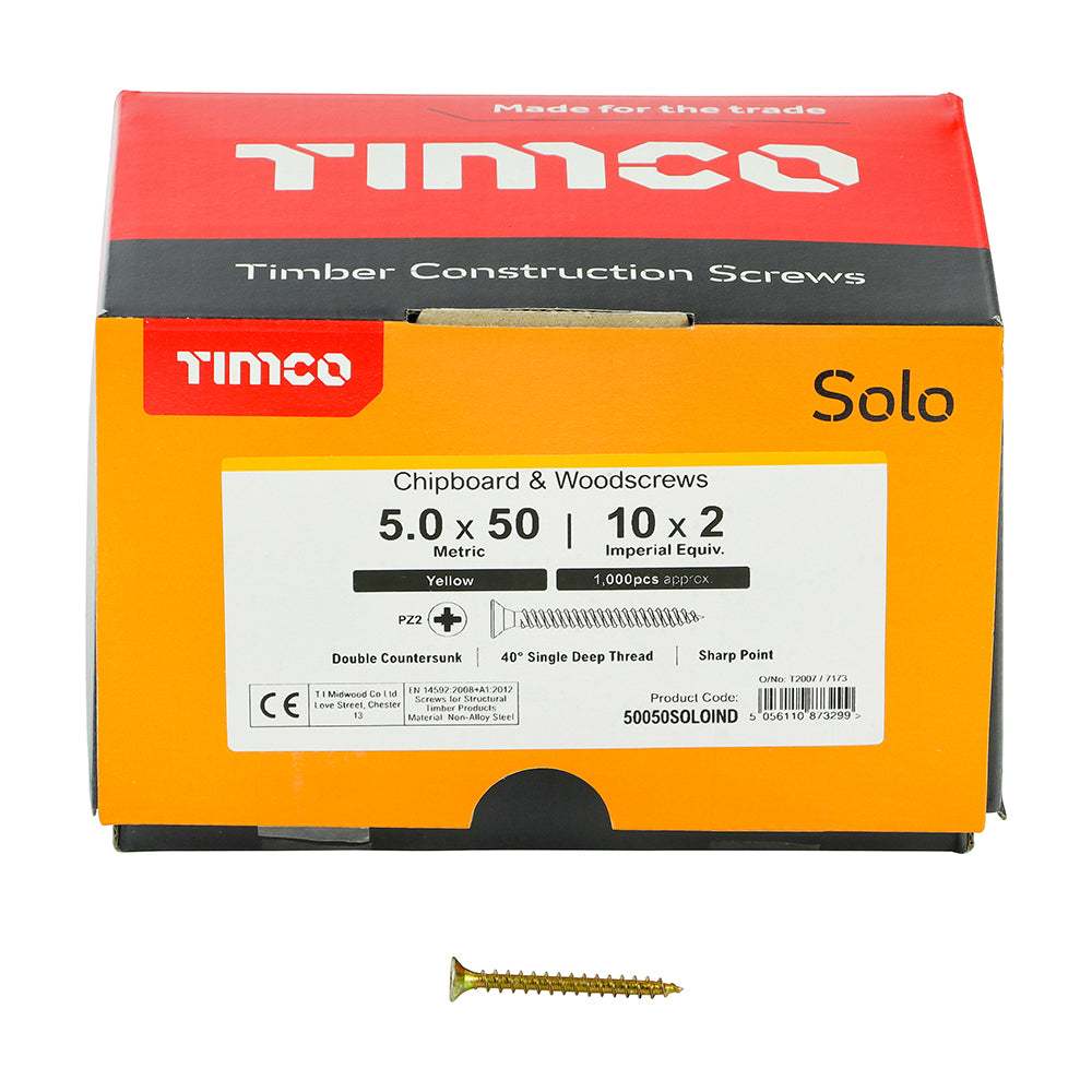 This is an image showing TIMCO Solo Chipboard & Woodscrews - Industry Pack - PZ - Double Countersunk - Yellow - 5.0 x 50 - 1000 Pieces Box available from T.H Wiggans Ironmongery in Kendal, quick delivery at discounted prices.