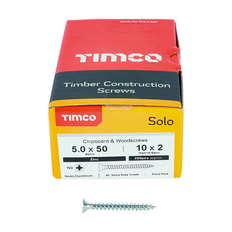 This is an image showing TIMCO Solo Chipboard & Woodscrews - PZ - Double Countersunk - Zinc - 5.0 x 50 - 200 Pieces Box available from T.H Wiggans Ironmongery in Kendal, quick delivery at discounted prices.