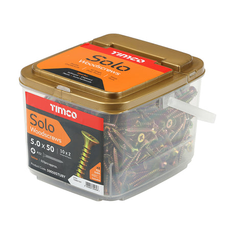 This is an image showing TIMCO Solo Woodscrews - PZ - Double Countersunk - Yellow - 5.0 x 50 - 525 Pieces Tub available from T.H Wiggans Ironmongery in Kendal, quick delivery at discounted prices.