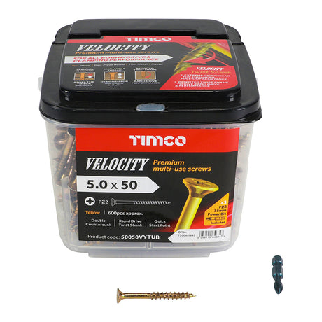 This is an image showing TIMCO Velocity Premium Multi-Use Screws - PZ - Double Countersunk - Yellow
 - 5.0 x 50 - 600 Pieces Tub available from T.H Wiggans Ironmongery in Kendal, quick delivery at discounted prices.