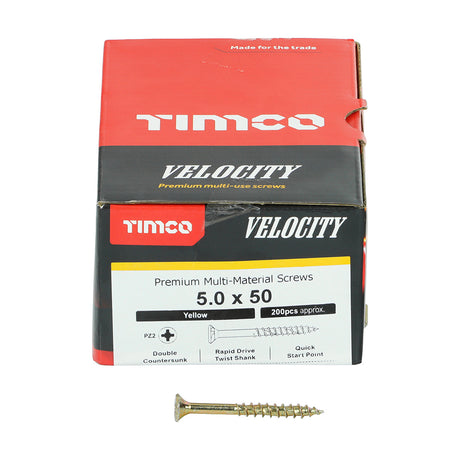 This is an image showing TIMCO Velocity Premium Multi-Use Screws - PZ - Double Countersunk - Yellow
 - 5.0 x 50 - 200 Pieces Box available from T.H Wiggans Ironmongery in Kendal, quick delivery at discounted prices.