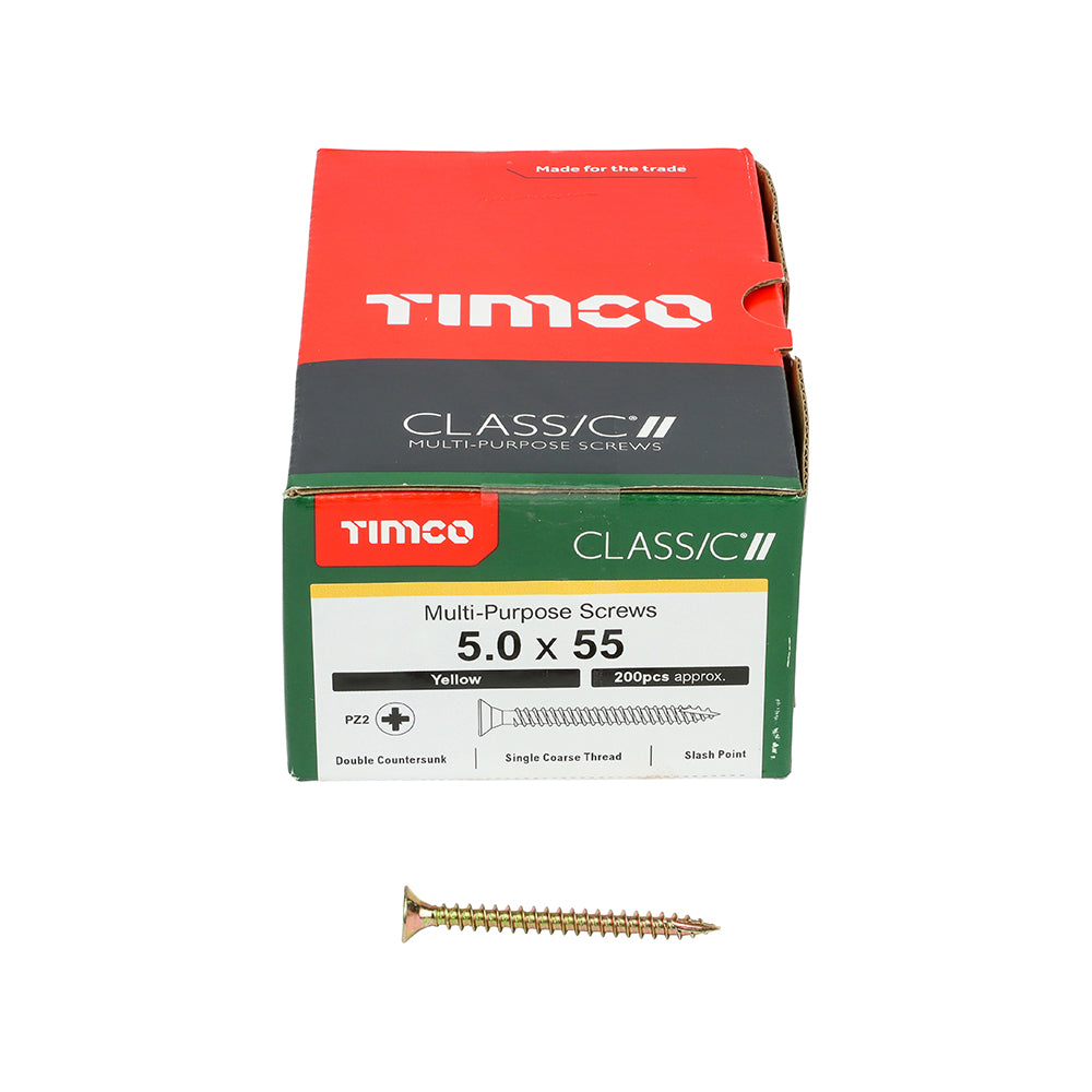 This is an image showing TIMCO Classic Multi-Purpose Screws - PZ - Double Countersunk - Yellow - 5.0 x 55 - 200 Pieces Box available from T.H Wiggans Ironmongery in Kendal, quick delivery at discounted prices.