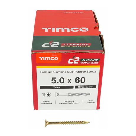 This is an image showing TIMCO C2 Clamp-Fix - TX - Double Countersunk with Ribs - Twin-Cut - Yellow - 5.0 x 60 - 200 Pieces Box available from T.H Wiggans Ironmongery in Kendal, quick delivery at discounted prices.