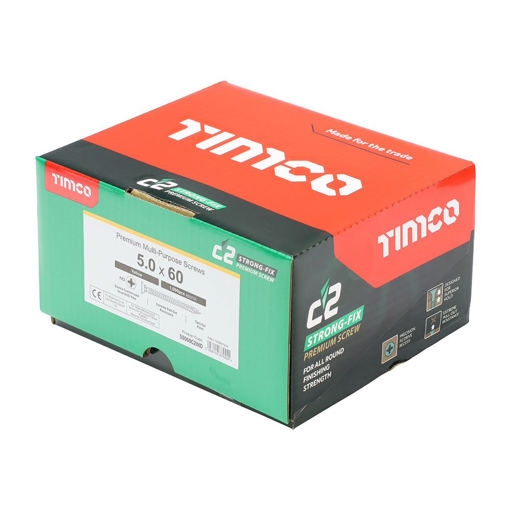 This is an image showing TIMCO C2 Strong-Fix - PZ - Double Countersunk - Twin-Cut - Yellow - 5.0 x 60 - 1000 Pieces Box available from T.H Wiggans Ironmongery in Kendal, quick delivery at discounted prices.